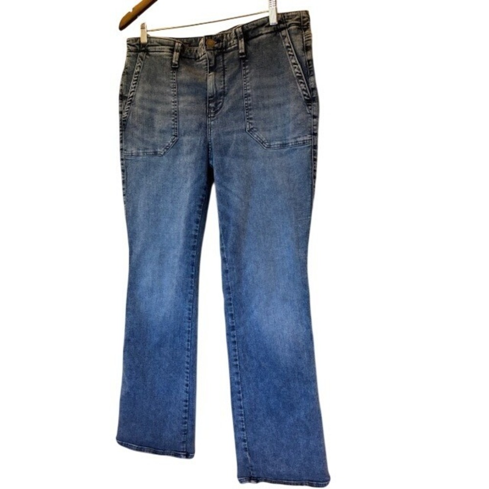 NYDJ Barbara Bootcut Jeans Women's 12 Blue Acid Wash Patch Pockets